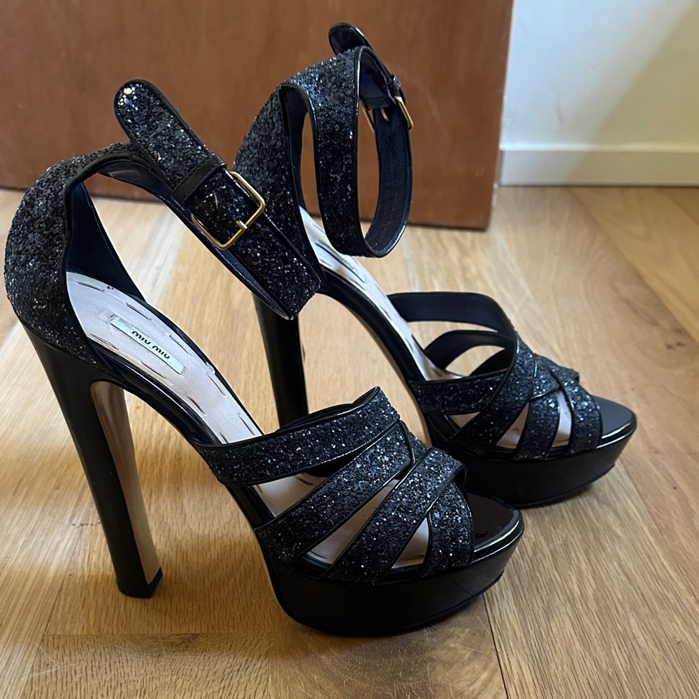 Miu Miu Black Glitter Platform Sandals with Ankle Strap size 40